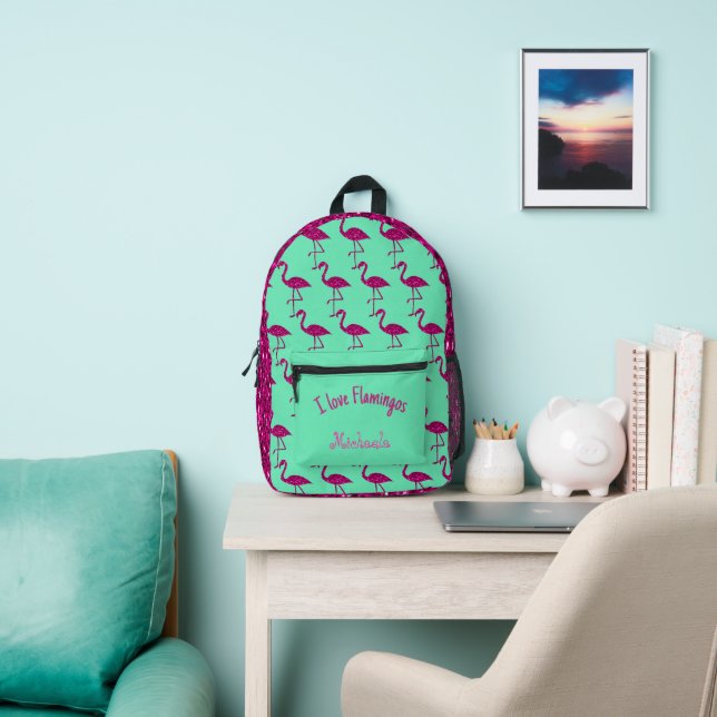Sparkly flamingo Pink Custom name turquoise Printed Backpack (Insitu)