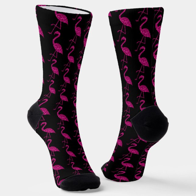 Sparkly flamingo Pink glitter pattern black Socks (Angled)