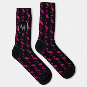 Sparkly flamingo Pink glitter pattern Monogram Socks