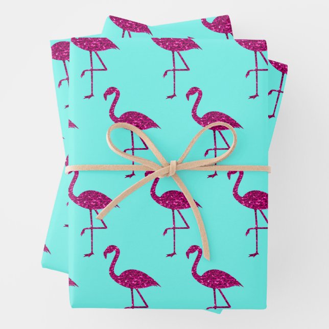 Sparkly flamingo Pink glitter pattern Teal blue Wrapping Paper Sheet (In situ)
