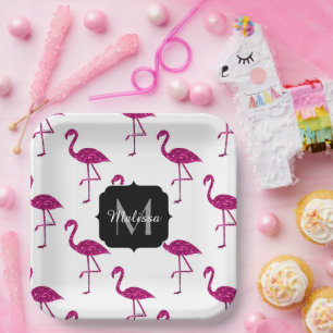 Sparkly flamingo Pink glitter sparkles Monogram Paper Plate