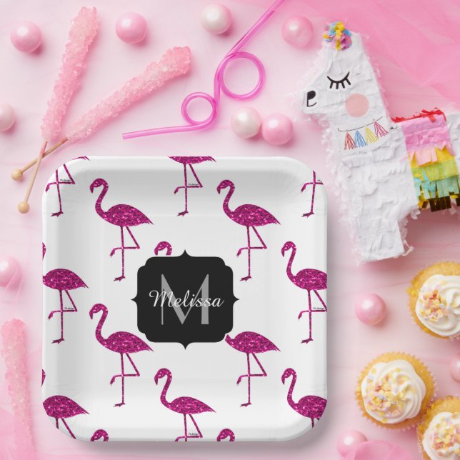 Sparkly flamingo Pink glitter sparkles Monogram Paper Plate (Party)