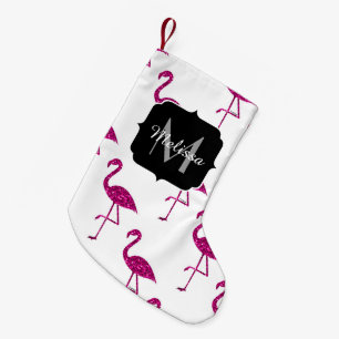 Sparkly flamingo Pink glitter sparkles Monogram Small Christmas Stocking