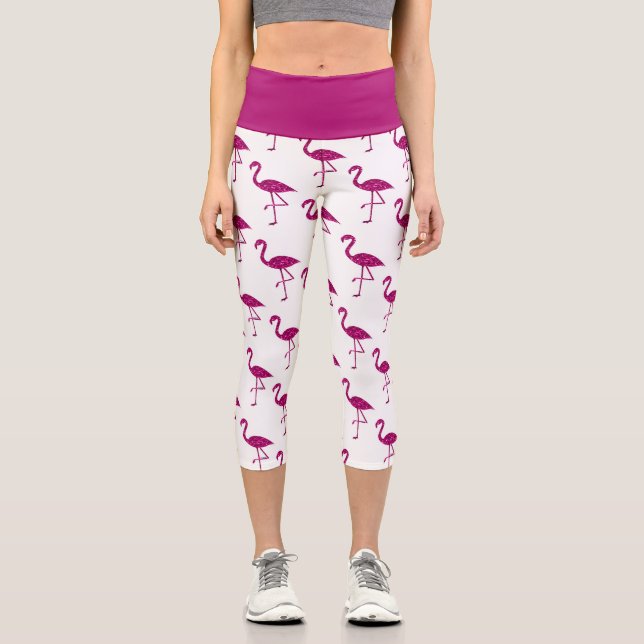 Sparkly flamingo Pink glitter sparkles pattern Capri Leggings (Front)