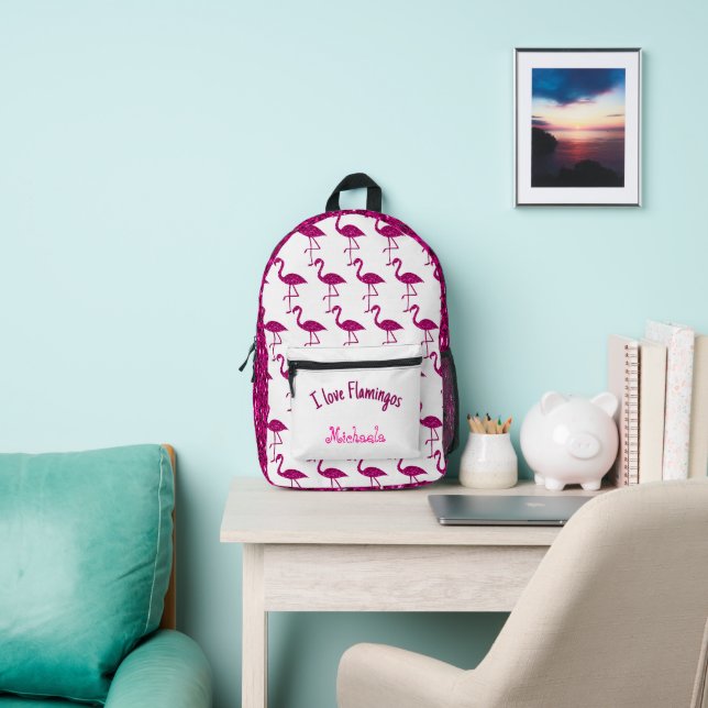 Sparkly flamingo Pink sparkles Custom name white Printed Backpack (Insitu)