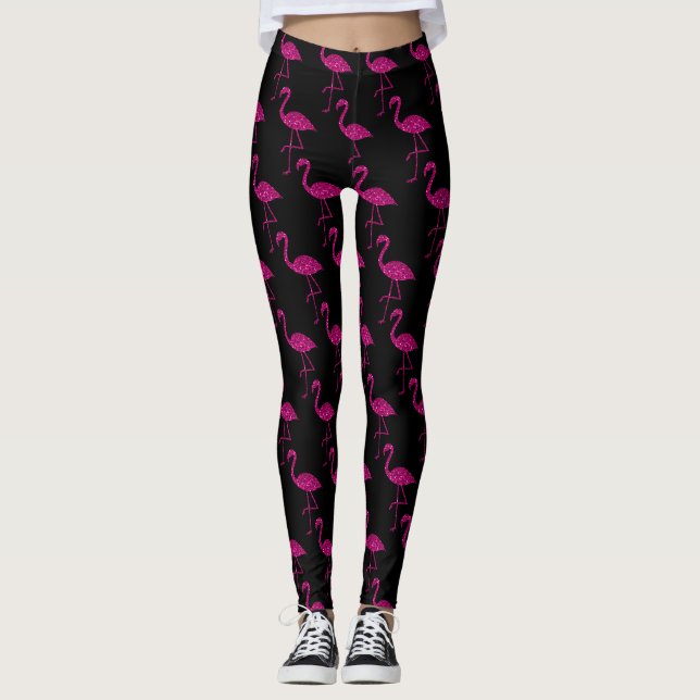 Sparkly flamingo Pink sparkles pattern black  Leggings (Front)