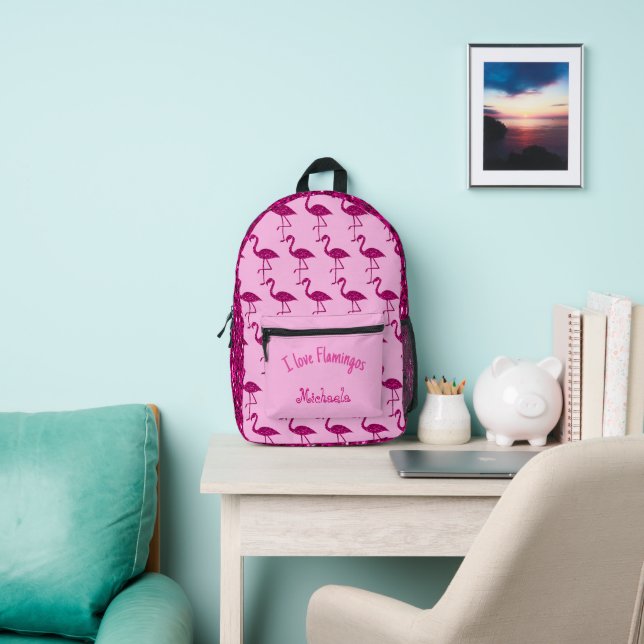 Sparkly flamingo Pink sparkles pattern Custom name Printed Backpack (Insitu)
