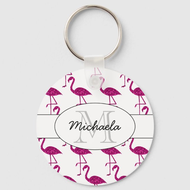 Sparkly flamingo Pink sparkles pattern Monogram Key Ring (Front)