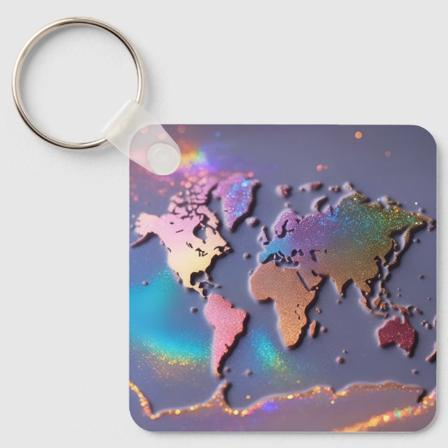 Sparkly Glitter 3D Colourful World Map  Key Ring (Front)