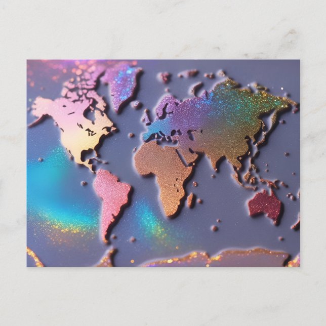 Sparkly Glitter 3D Colourful World Map  Postcard (Front)