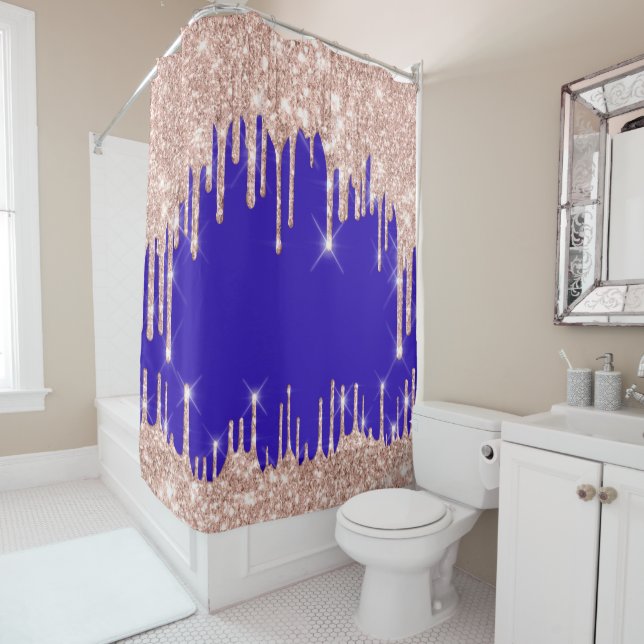 Sparkly  Glitter Drips Pink Rose Blush Royal Blue Shower Curtain (In Situ)