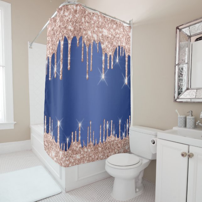 Sparkly Glitter Drips Pink Rose Gold Blush Navy Shower Curtain (In Situ)
