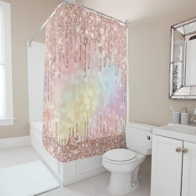 Sparkly Glitter Drips Pink Rose Holographic Shower Curtain (In Situ)