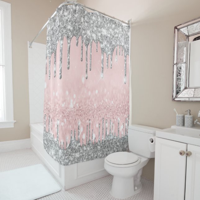 Sparkly Glitter Drips Pink Silver Grey Girly Shower Curtain (In Situ)