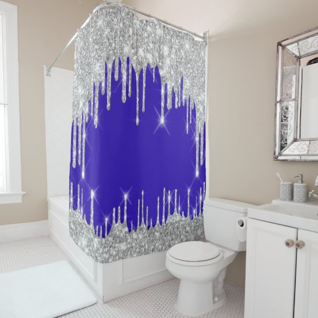 Sparkly  Glitter Drips Silver  Grey GreyRoyal Blue Shower Curtain (In Situ)