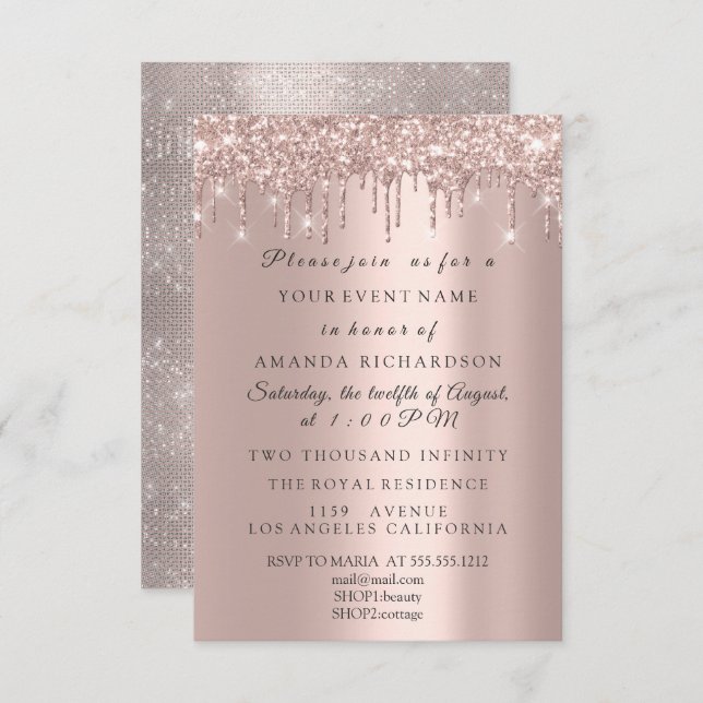 Sparkly Glitter Rose Gold Elegant Bridal Birthday Invitation (Front/Back)