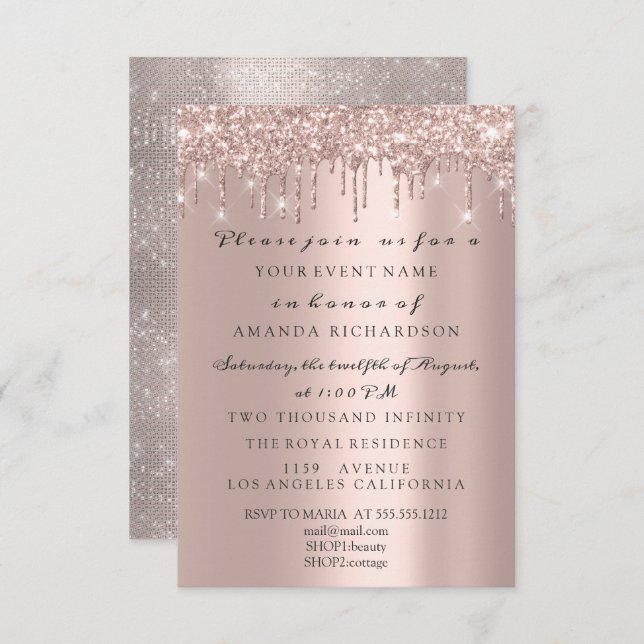 Sparkly Glitter Rose Gold Elegant Bridal Birthday Invitation (Front/Back)