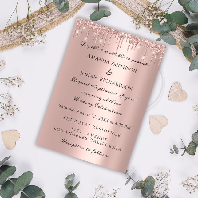 Sparkly Glitter Rose Gold Elegant Wedding Drips Invitation (Creator Uploaded)