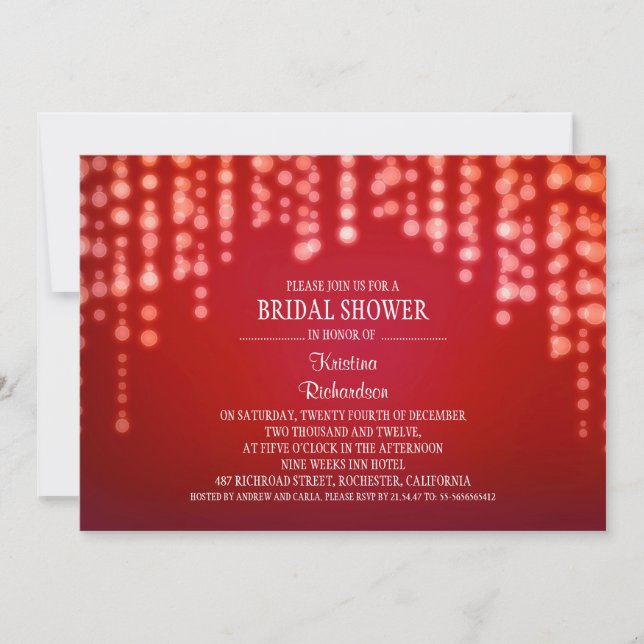 sparkly glitter string lights red bridal shower invitation (Front)