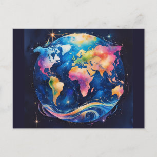 Sparkly Glitter World globe –Watercolor Travel Art Postcard