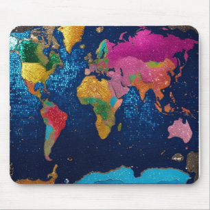 Sparkly Glitter World Map – Watercolor Travel Art  Mouse Pad