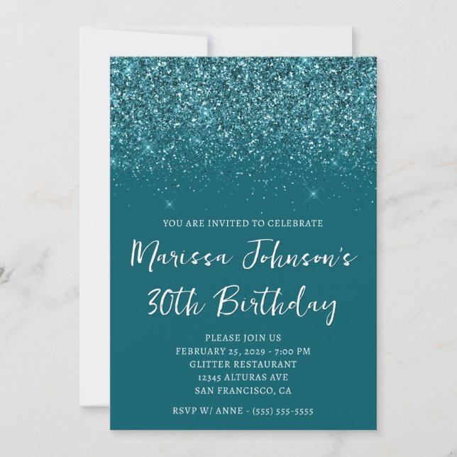 Sparkly Glittery Dark Teal 30th Birthday Invitation (Front)
