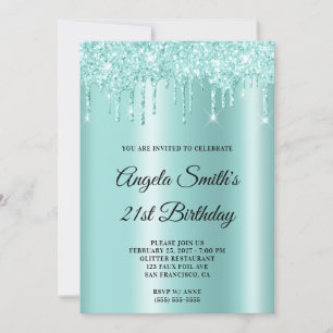 Sparkly Glittery Drips Light Teal Ombre Invitation