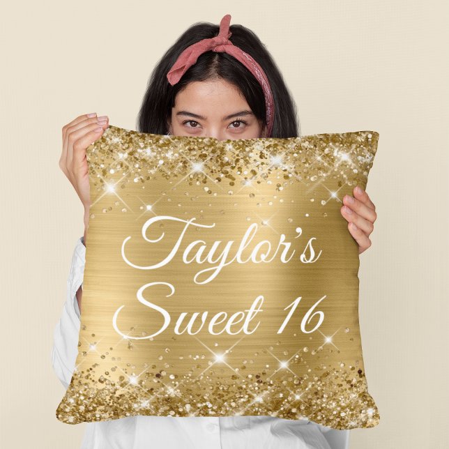 Sparkly Glittery Gold Foil Glam Sweet 16 Cushion (Birthday Gift for Your Daughter)