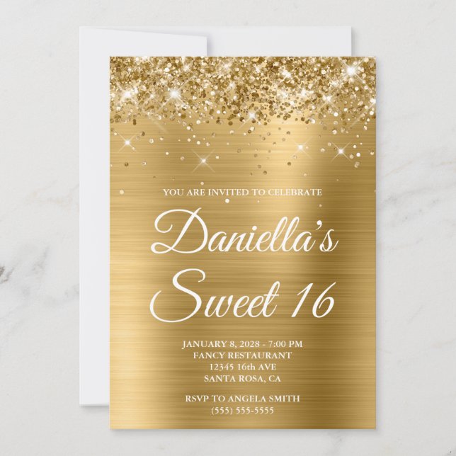 Sparkly Glittery Gold Foil Sweet 16 Invitation (Front)