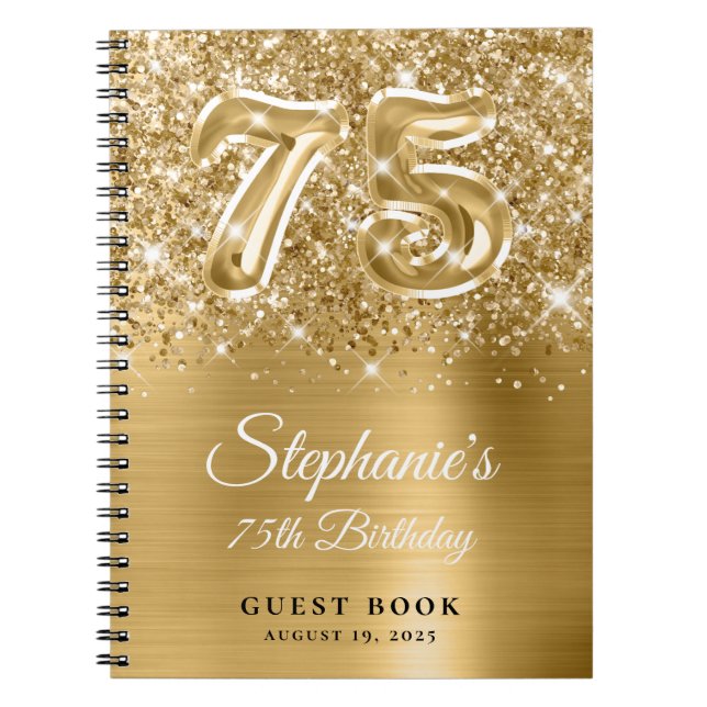 Sparkly Glittery Gold Glam 75th Birthday Guestbook Notebook (Front)