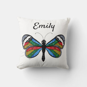 Sparkly Glittery Rainbow Glasswinged Butterfly Cushion