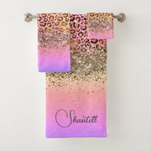 Sparkly Glittery Rainbow Leopard Personalised Bath Towel Set