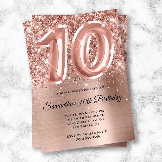 Sparkly Glittery Rose Gold Glam 10th Birthday Invitation (Creator Uploaded)
