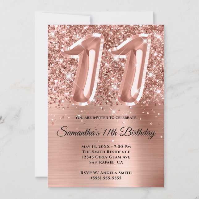 Sparkly Glittery Rose Gold Glam 11th Birthday Invitation (Front)