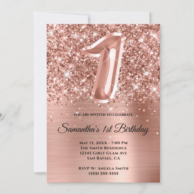 Sparkly Glittery Rose Gold Glam 1st Birthday Invitation (Front)