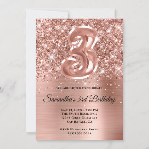 Sparkly Glittery Rose Gold Glam 3rd Birthday Invitation