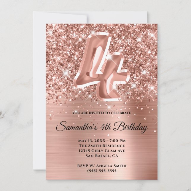 Sparkly Glittery Rose Gold Glam 4th Birthday Invitation (Front)