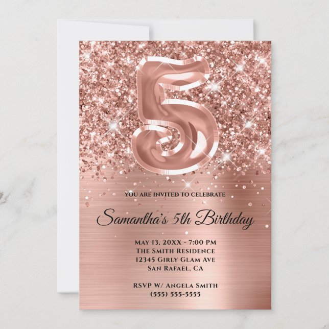 Sparkly Glittery Rose Gold Glam 5th Birthday Invitation (Front)