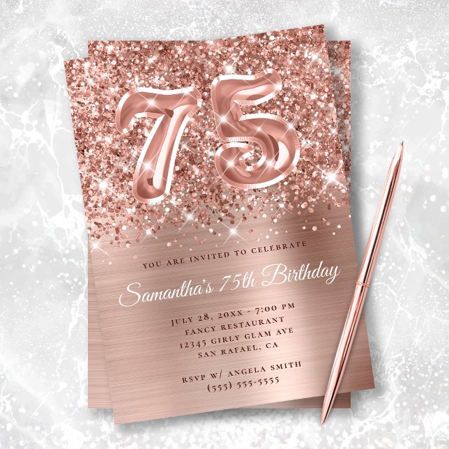 Sparkly Glittery Rose Gold Glam 75th Birthday Invitation (Creator Uploaded)