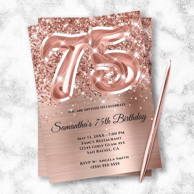 Sparkly Glittery Rose Gold Glam 75th Birthday Invitation (Creator Uploaded)