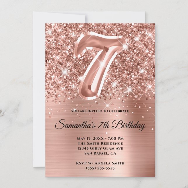 Sparkly Glittery Rose Gold Glam 7th Birthday Invitation (Front)