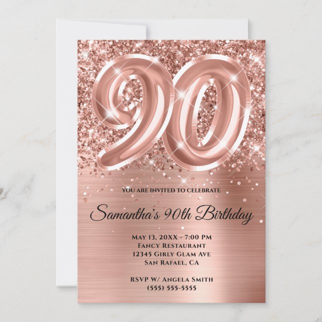 Sparkly Glittery Rose Gold Glam 90th Birthday Invitation (Front)