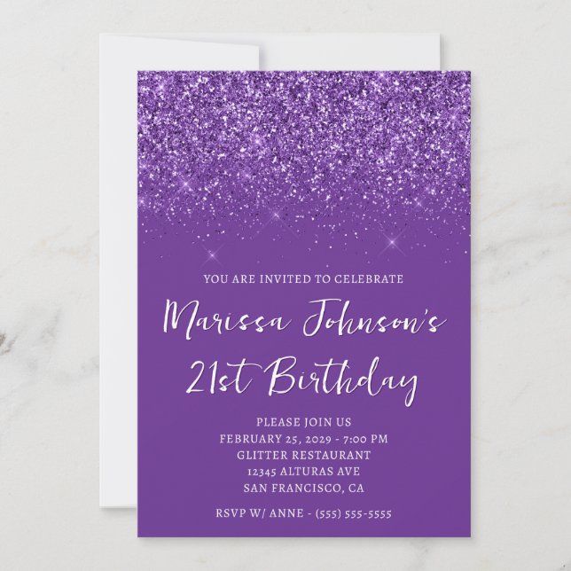 Sparkly Glittery Royal Purple 21st Birthday Invitation (Front)