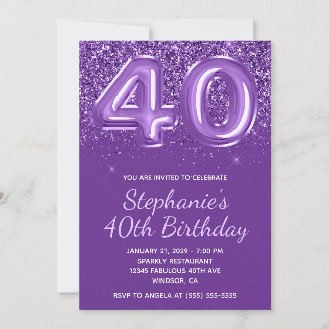Sparkly Glittery Royal Purple Number 40 Birthday Invitation (Front)