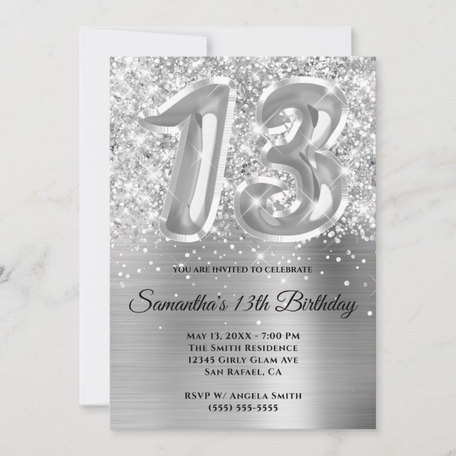 Sparkly Glittery Silver Glam 13th Birthday Invitation (Front)