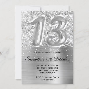 Sparkly Glittery Silver Glam 13th Birthday Invitation