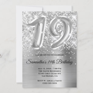 Sparkly Glittery Silver Glam 19th Birthday Invitation