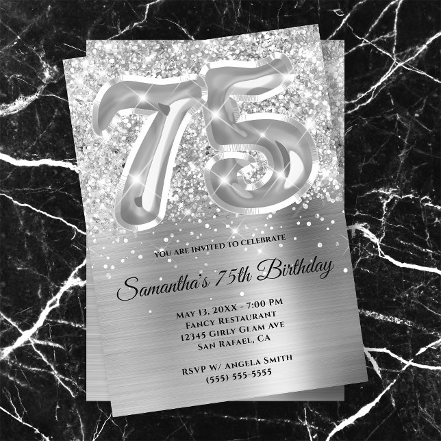 Sparkly Glittery Silver Glam 75th Birthday Invitation (Creator Uploaded)