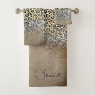 Sparkly Glittery Silver Leopard Personalised Bath Towel Set