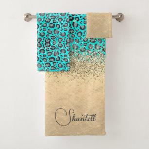 Sparkly Glittery Silver Leopard Personalised Bath Towel Set